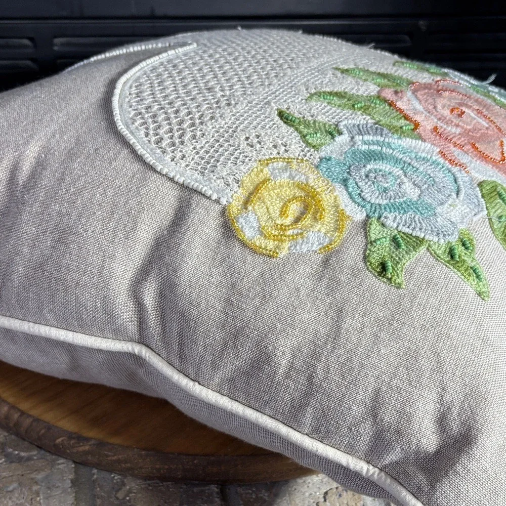 Embroidered‎ Bunny w/Roses Throw Pillow Easter Lace Beaded Removable Cover 17